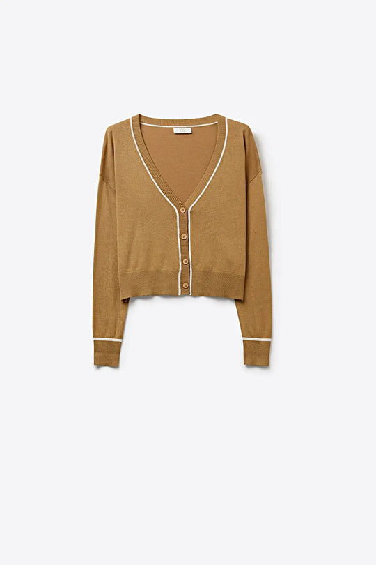 Camel Fine Knit Cardigan with Contrast Trim in white - CAMEL / ONE - Cardigans