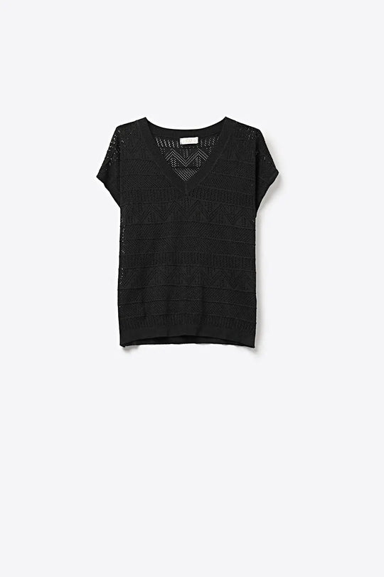 Black V-Neck Crochet Knit Top with Cap Sleeves - BLACK / ONE - Sweaters