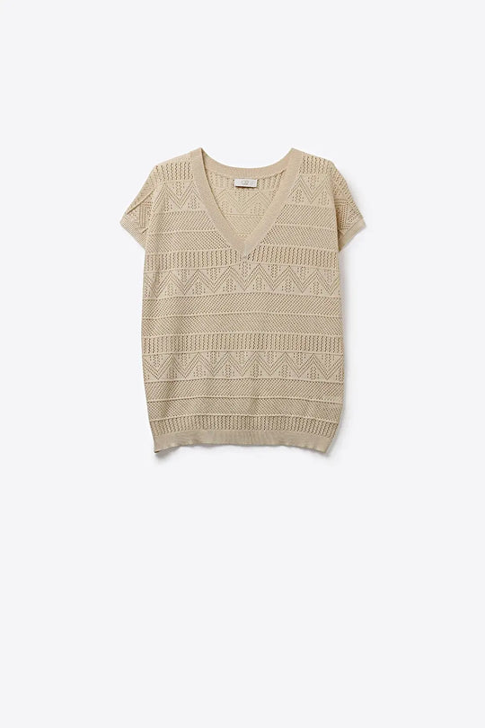 Beige Knit V-Neck Cap Sleeve Sweater Top - BEIGE / ONE - Tops