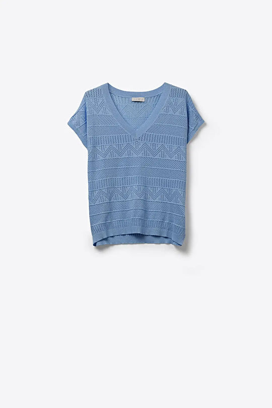Light Blue Knit V-Neck Short Sleeve Top - BLUE / ONE - Sweaters