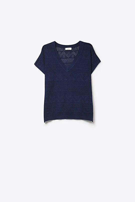 Navy V-Neck Knit Top with Lightweight Texture - NAVY / ONE - Tops