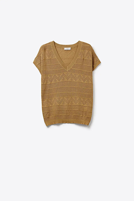 Camel Knit V-Neck Short Sleeve Sweater Vest - CAMEL / ONE - Sweaters