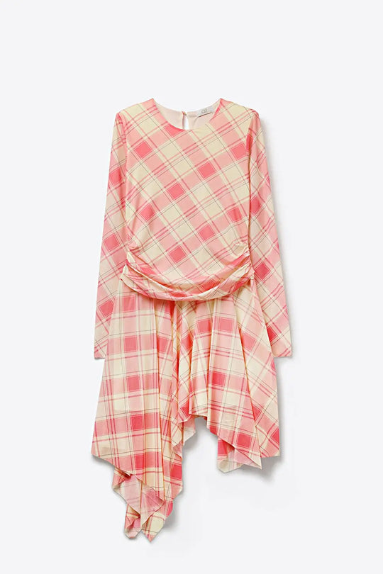 Mesh Fabric Plaid Long Sleeve Asymmetrical Dress in pink - Dresses