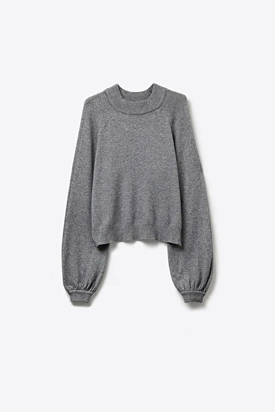 Grey Ribbed Knit Sweater with Balloon Sleeves - GRAY / ONE - Sweaters