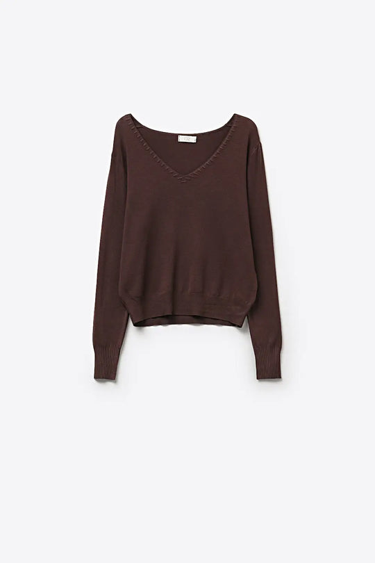 Fine Knit V-Neck Sweater with Decorative Neckline Detail in brown color - BROWN / ONE - Sweaters