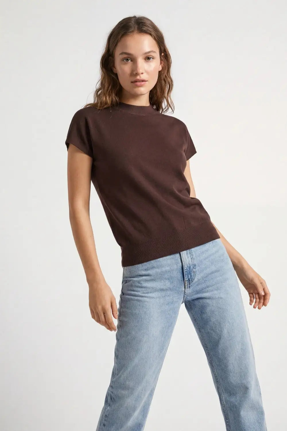 Brown turtleneck sweater with fitted short sleeves - BROWN / ONE - Sweaters