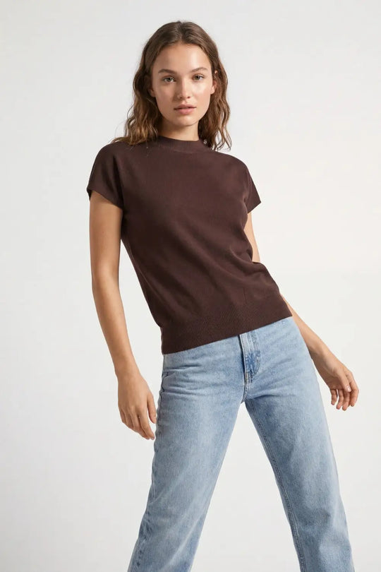 Brown turtleneck sweater with fitted short sleeves - BROWN / ONE - Sweaters