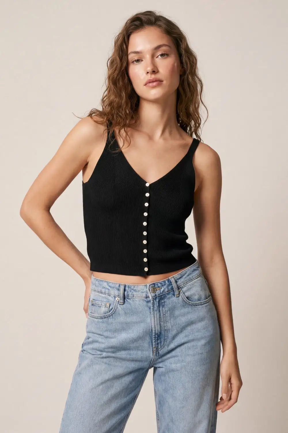 black Knit Buttoned Crop Top - BLACK / ONE - Tops