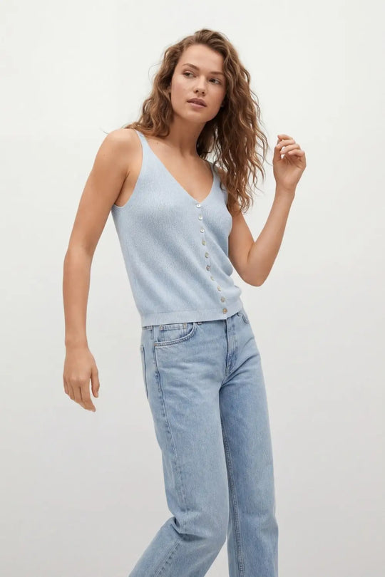 Baby Blue Knit Buttoned Crop Top - BLUE / ONE - Tops