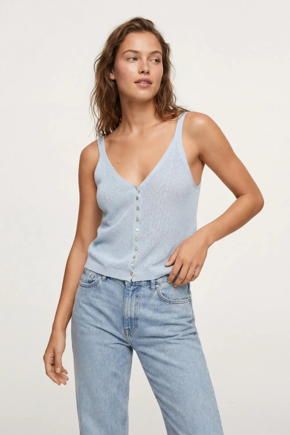 Baby Blue Knit Buttoned Crop Top - BLUE / ONE - Tops