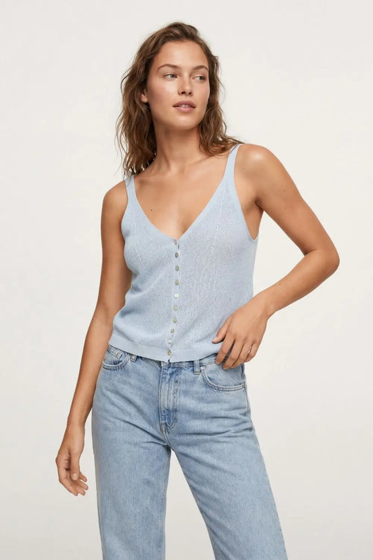 Baby Blue Knit Buttoned Crop Top - BLUE / ONE - Tops