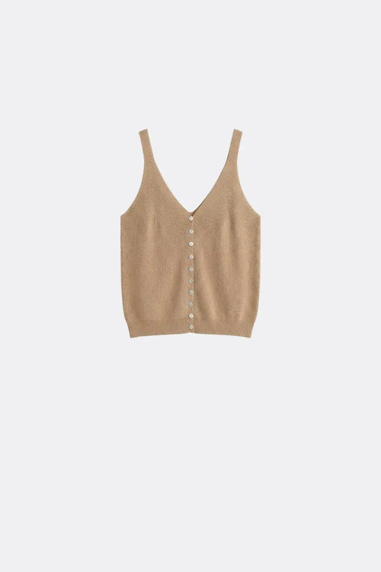 Camel Knit Buttoned Crop Top - CAMEL / ONE - Tops