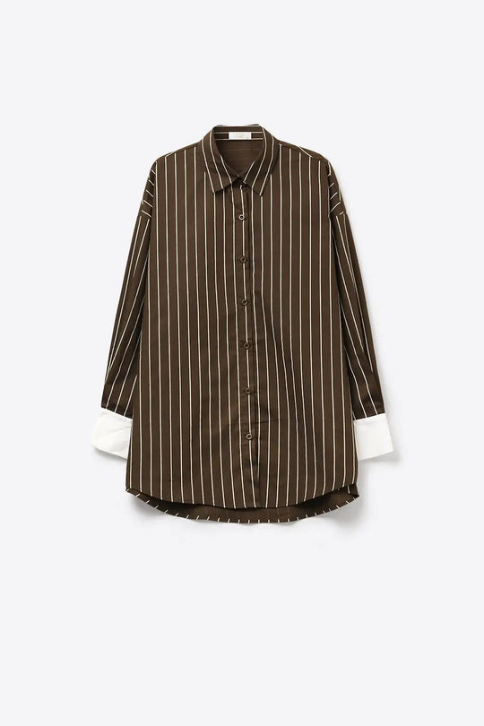 Brown Striped Long Sleeve Button-Up Shirt Dress - Shirts