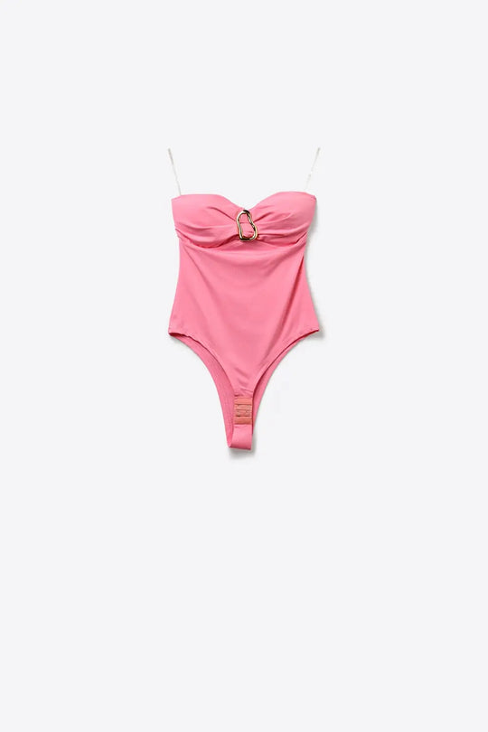 Pink Strapless Buckle Detail Bodysuit for Summer - Tops