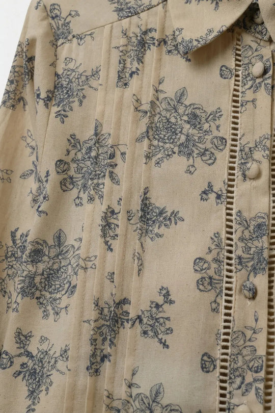 Beige Floral Printed Button-Up Shirt with chrochet Detail - Shirts