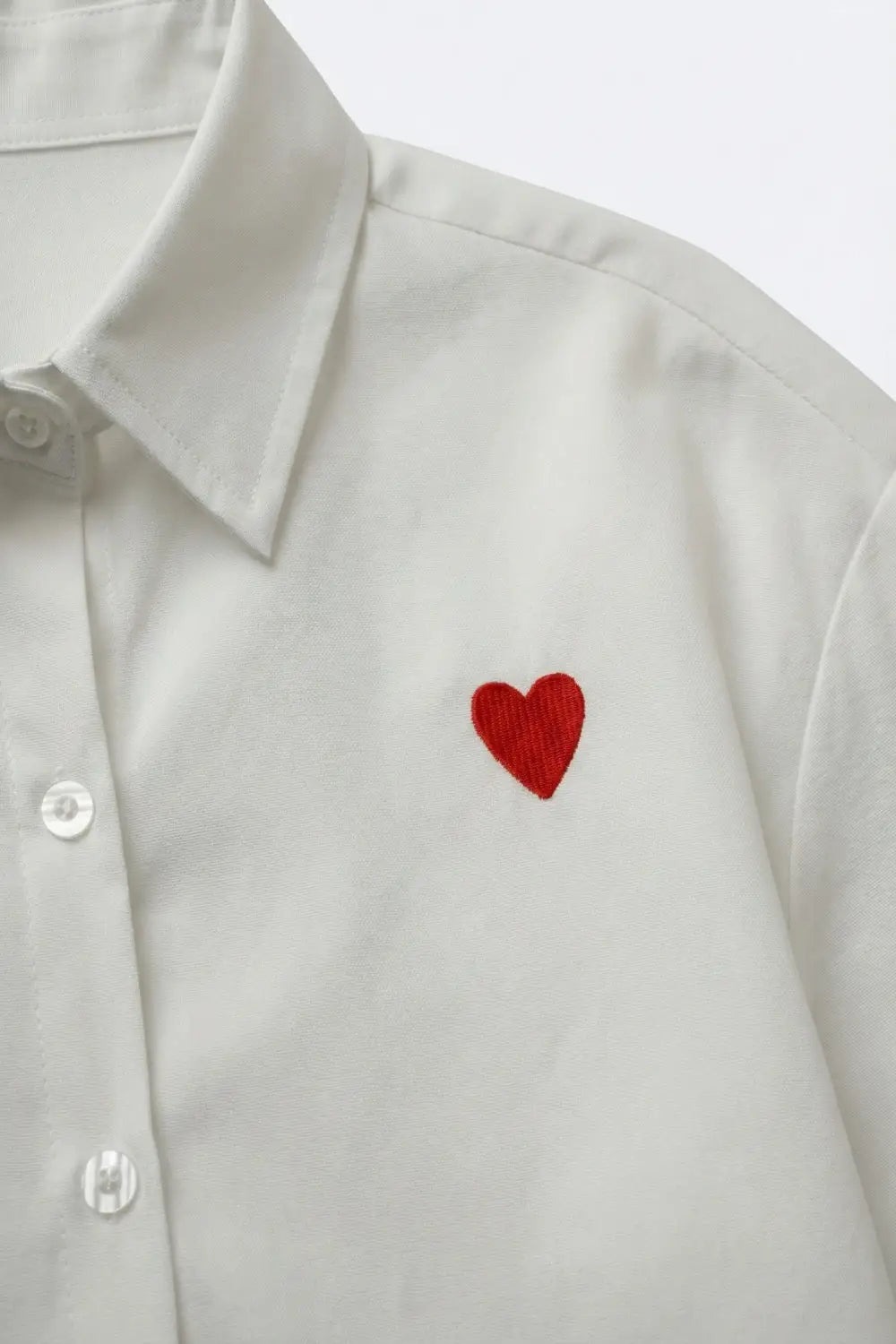 white Oxford Cotton Shirt with Embroidered red Heart Detail - Shirts