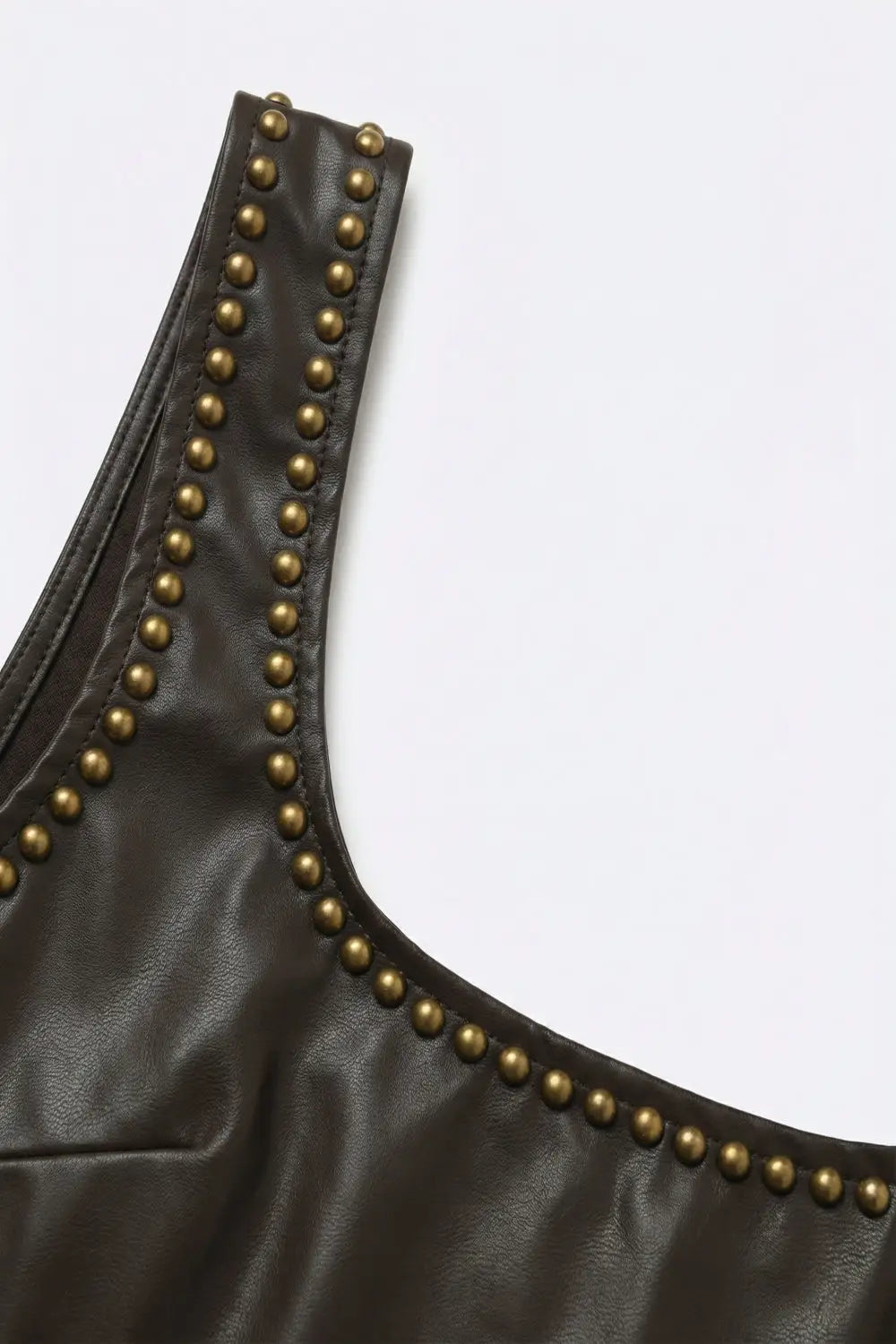 Brown Faux Leather Bodysuit with Stud Detail - Tops