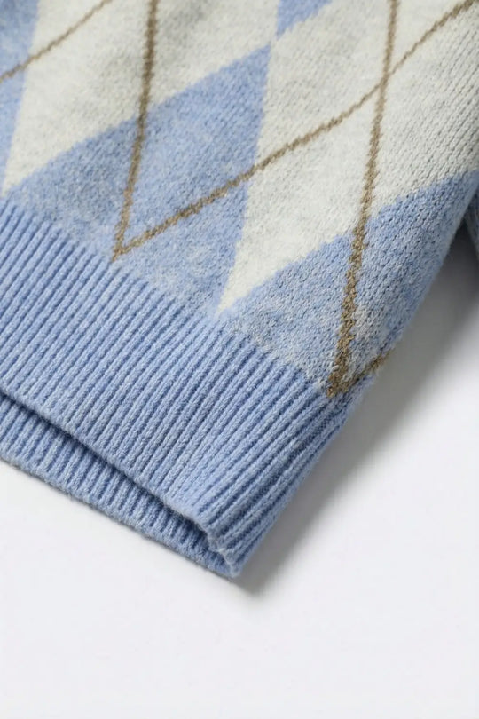 Fluffy Argyle Knit Sweater in blue with Polo Collar - BLUE / ONE - Sweaters