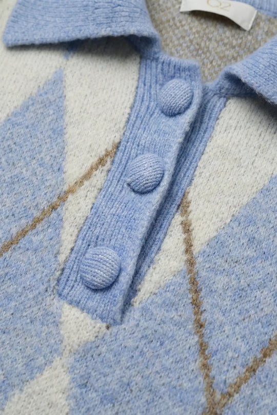 Fluffy Argyle Knit Sweater in blue with Polo Collar - BLUE / ONE - Sweaters