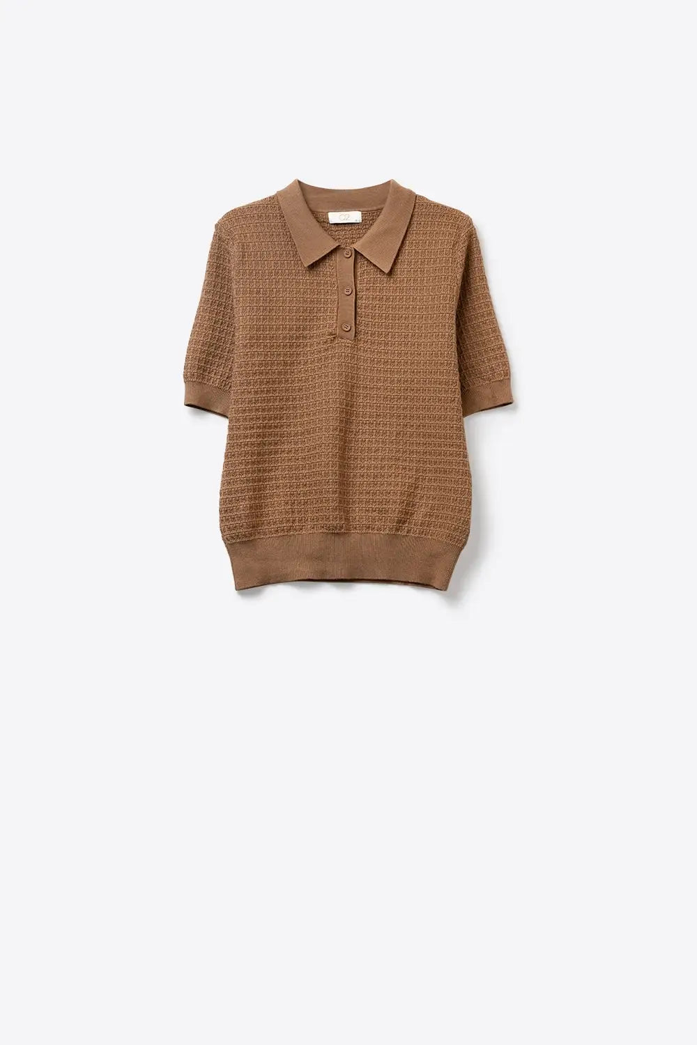 Textured Knit Polo Sweater with Short Sleeves in Camel - Sweaters