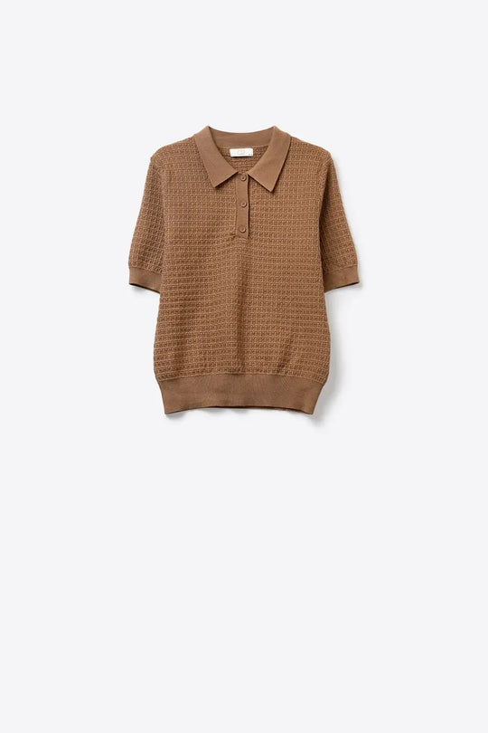 Textured Knit Polo Sweater with Short Sleeves in Camel - Sweaters