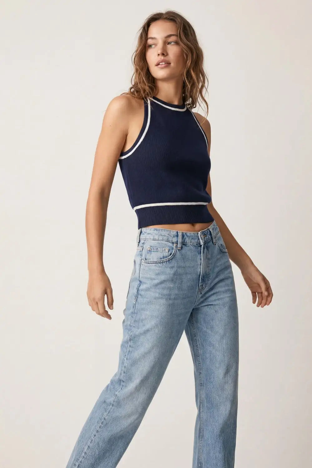 Sleeveless Knitted top In navy Featuring detail white Lines - NAVY / ONE - Tops