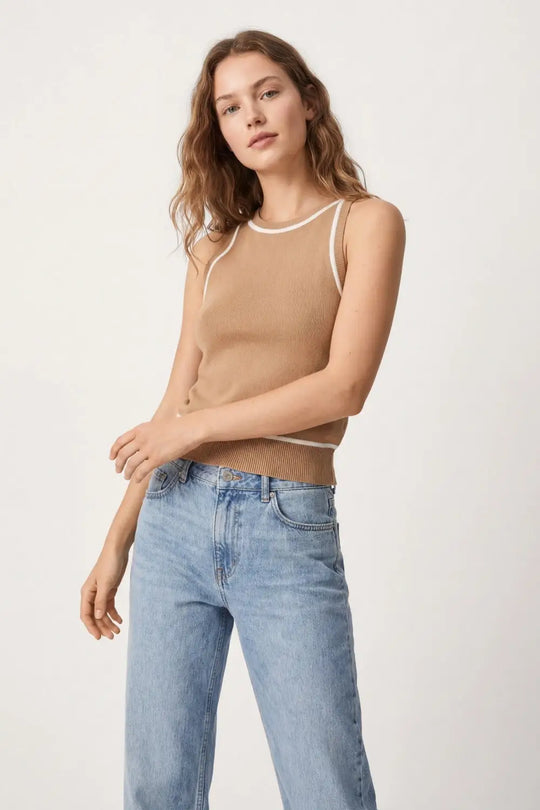 Sleeveless Sweater In Camel Featuring detail White Lines - CAMEL / ONE - Tops