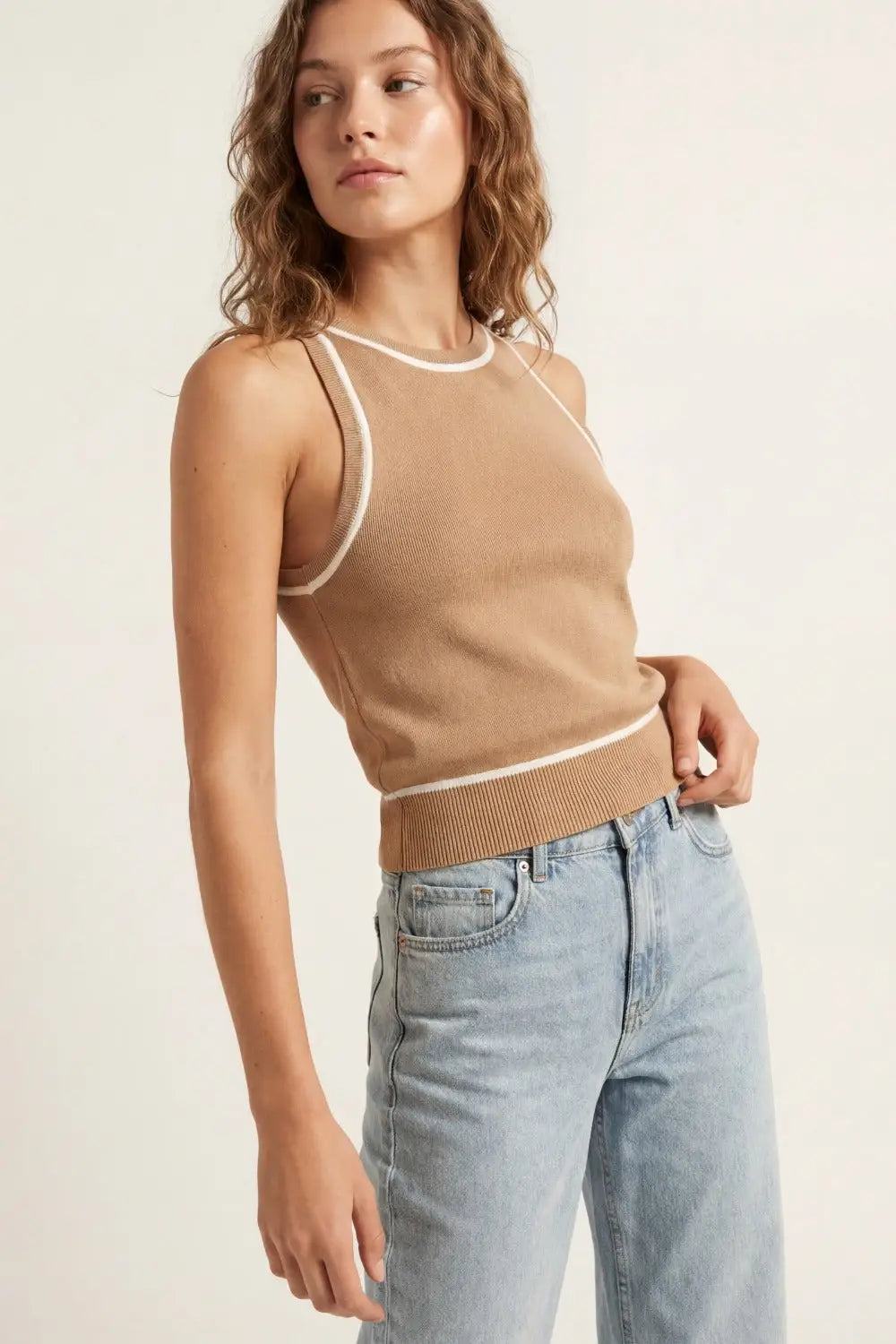 Sleeveless Sweater In Camel Featuring detail White Lines - CAMEL / ONE - Tops