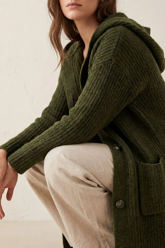 Long Ribbed Cardigan With Pockets and Hood in Khaki - KHAKI / ONE - Cardigans