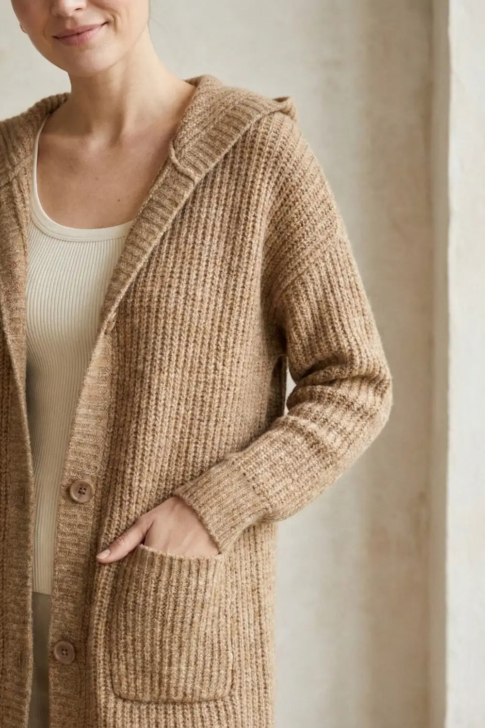 Long Ribbed Cardigan With Pockets and Hood in Camel - BEIGE / ONE - Cardigans