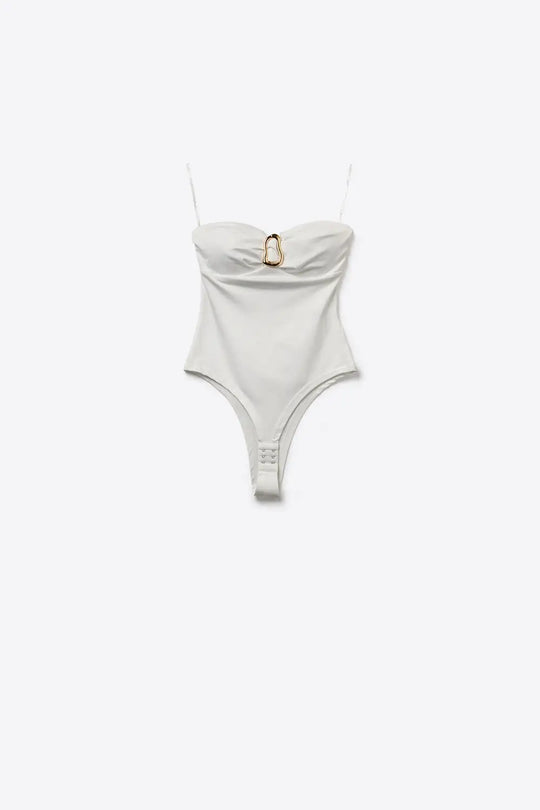 White Strapless Bodysuit with Gold Accent Detail - Tops