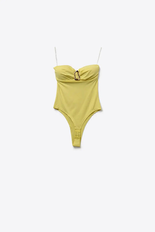 Yellow Strapless Bodysuit with Buckle Detail - Tops