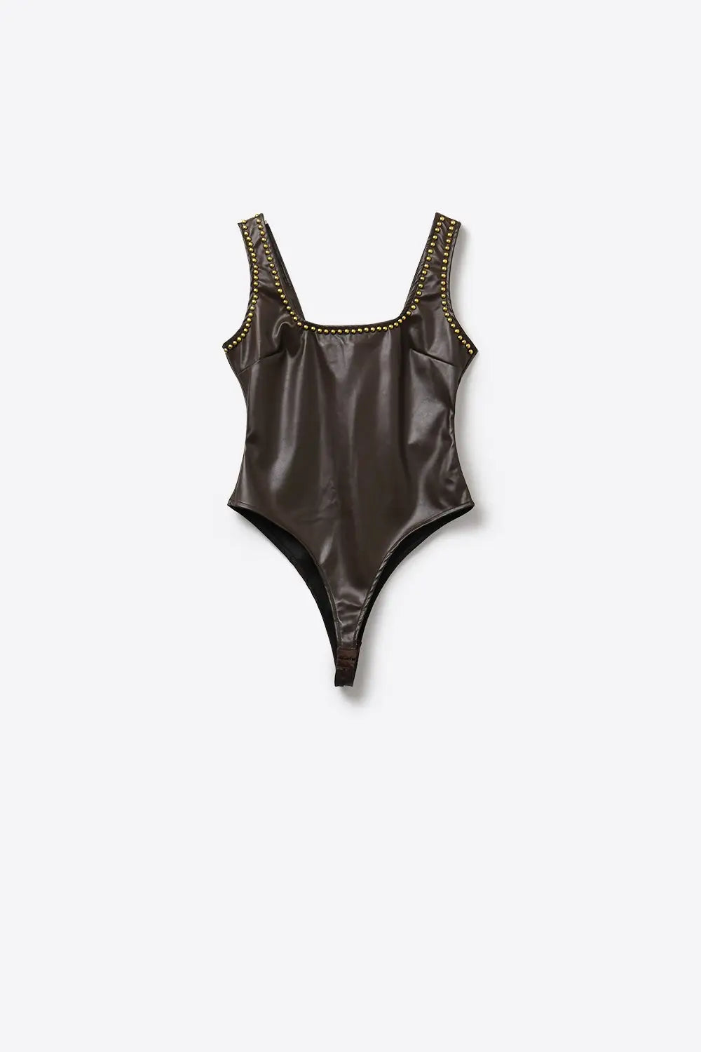 Brown Faux Leather Bodysuit with Stud Detail - Tops
