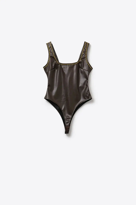 Brown Faux Leather Bodysuit with Stud Detail - Tops
