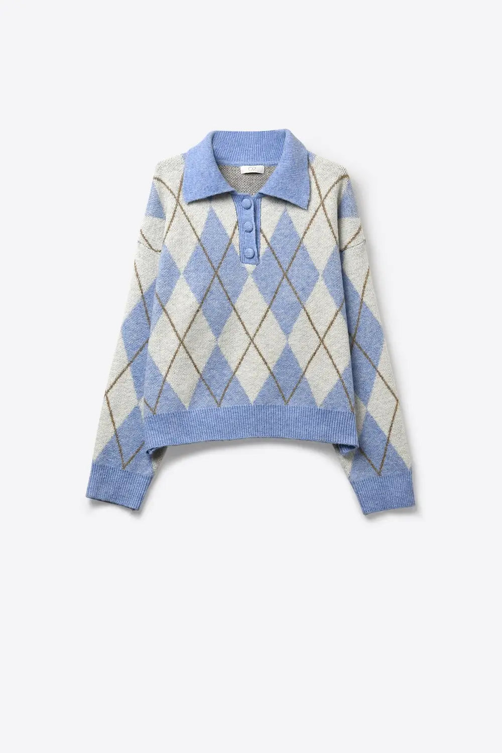 Fluffy Argyle Knit Sweater in blue with Polo Collar - BLUE / ONE - Sweaters