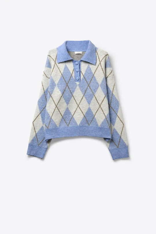 Fluffy Argyle Knit Sweater in blue with Polo Collar - BLUE / ONE - Sweaters