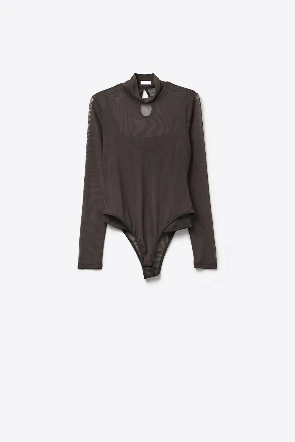 Brown Sheer Mesh Long Sleeve Mock Neck Bodysuit - Tops