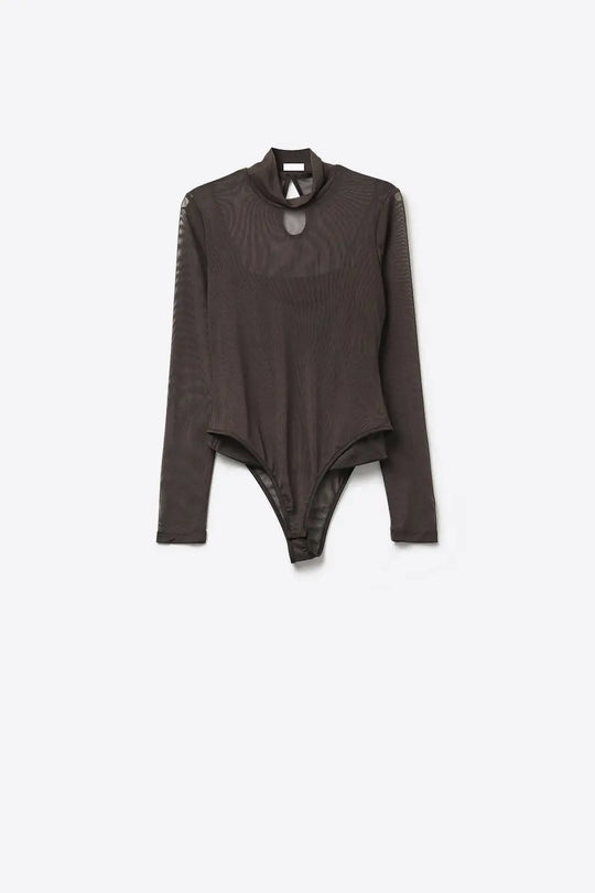 Brown Sheer Mesh Long Sleeve Mock Neck Bodysuit - Tops