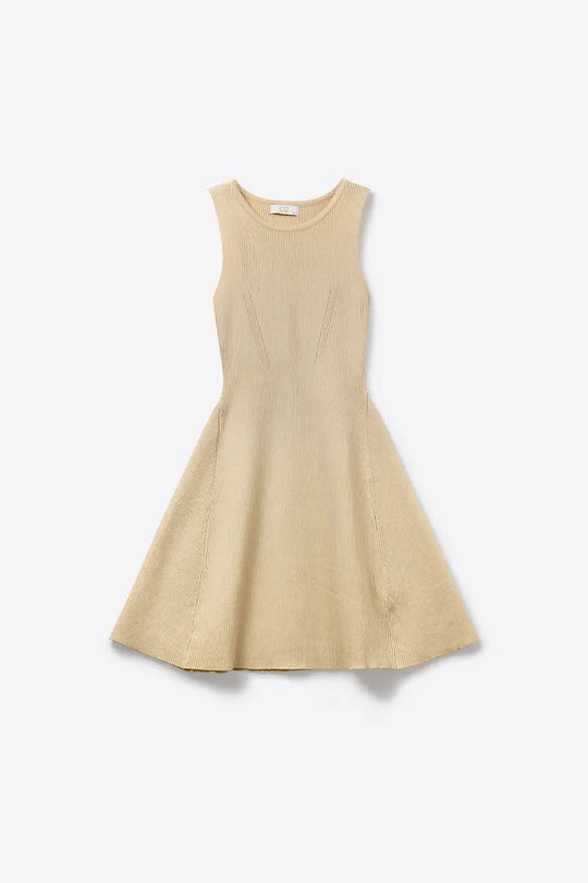 Beige Ribbed Knit Sleeveless Fit and Flare Dress - Dresses
