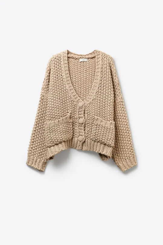 Oversized chunky knit jacket with pockets in dark beige - BEIGE / ONE - Cardigans