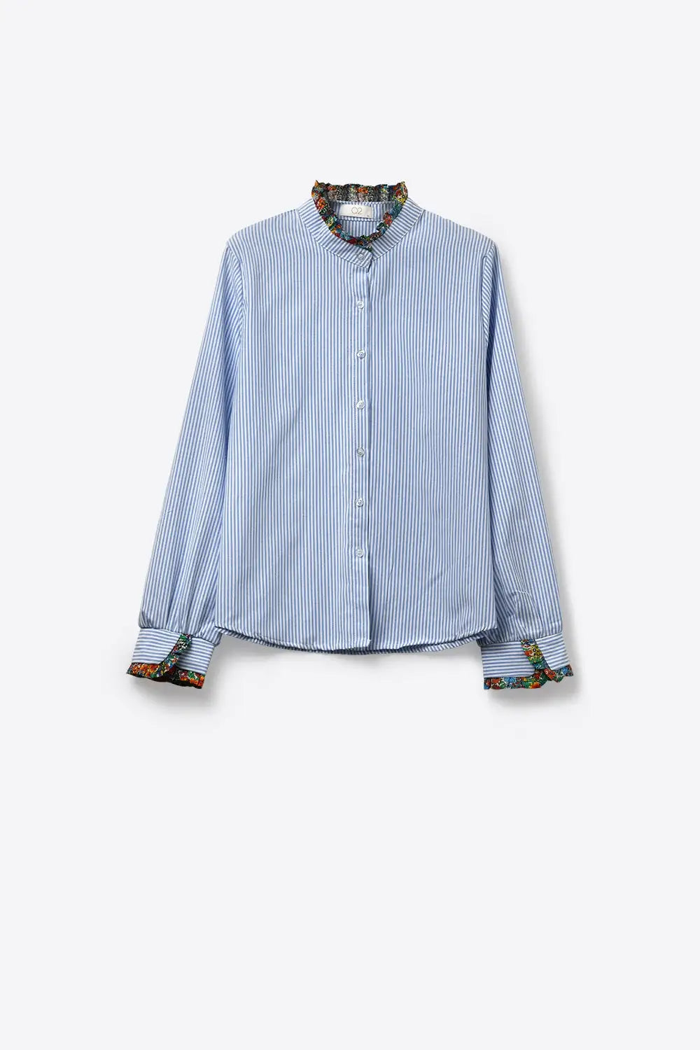 Light Blue Striped Button-Up Shirt with Floral Trim - Shirts