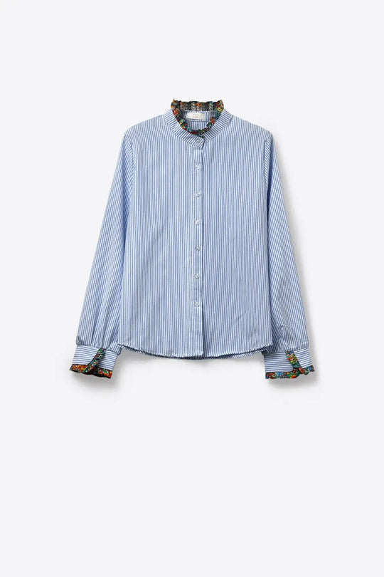 Light Blue Striped Button-Up Shirt with Floral Trim - Shirts
