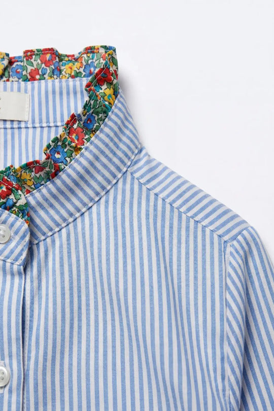Light Blue Striped Button-Up Shirt with Floral Trim - Shirts