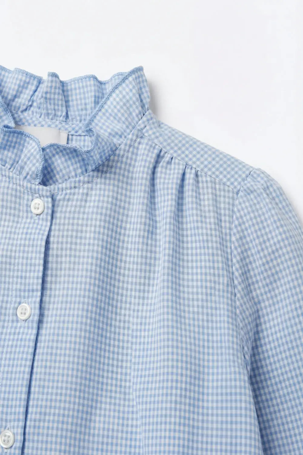Light Blue Gingham Ruffle Collar Button-Up Shirt - Shirts