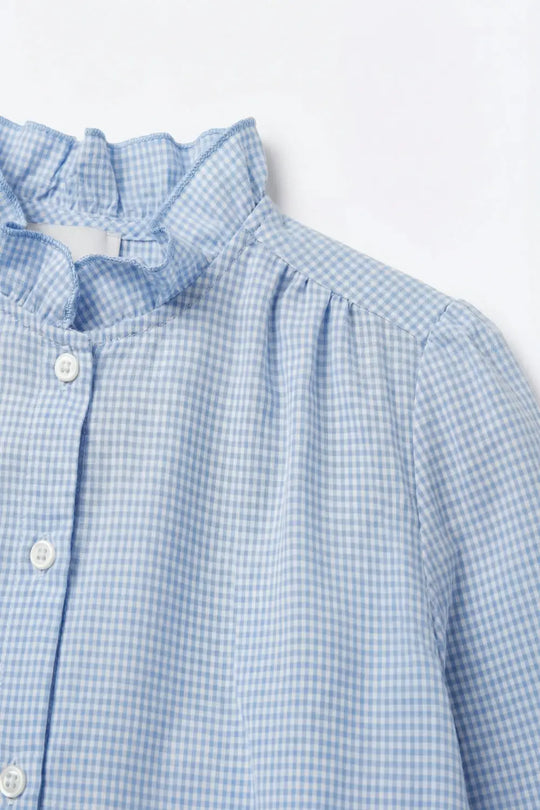 Light Blue Gingham Ruffle Collar Button-Up Shirt - Shirts