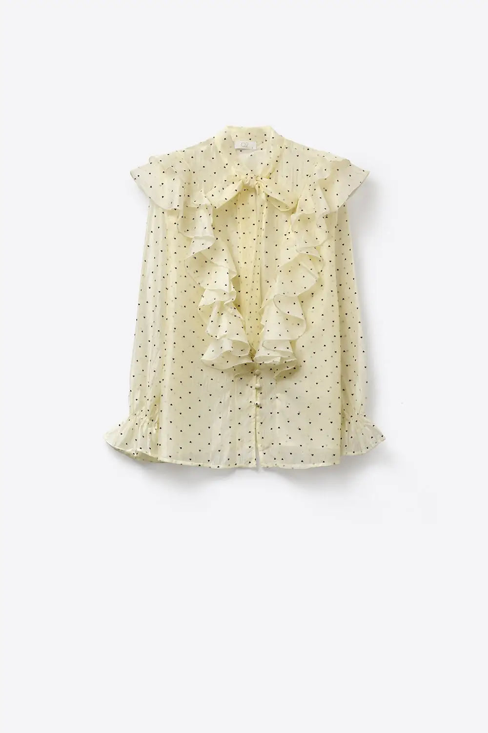 Cream Polka Dot Ruffle Front Blouse with Frilled Cuffs - Shirts