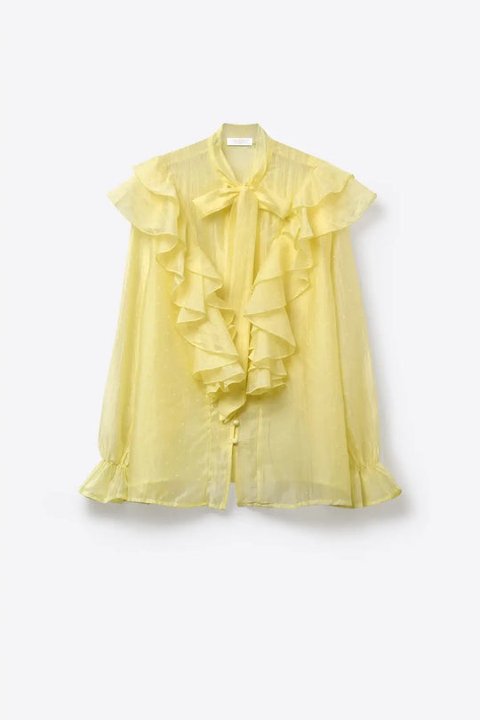 Yellow Ruffled Sheer Blouse with Bow Neck Tie - Shirts