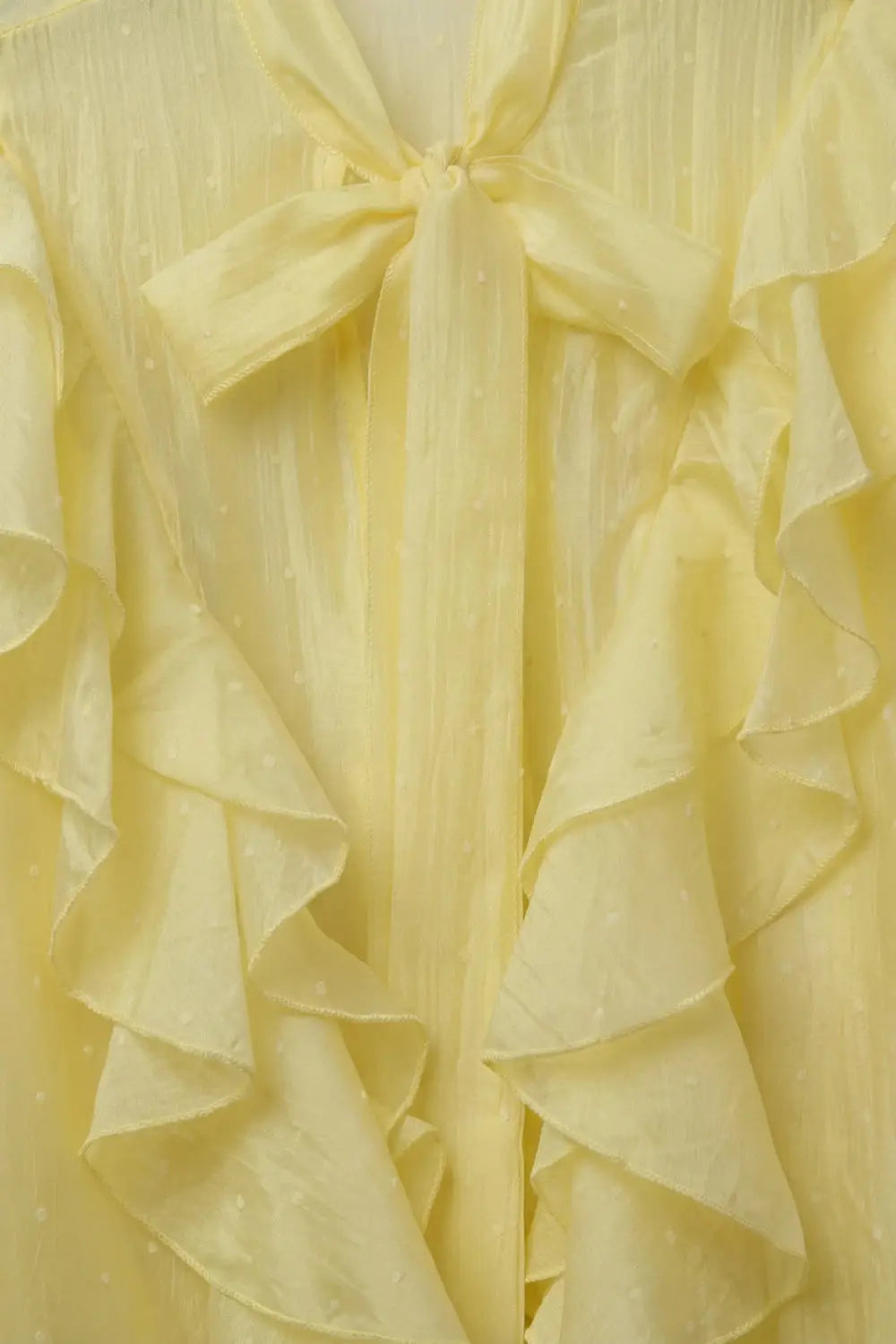 Yellow Ruffled Sheer Blouse with Bow Neck Tie - Shirts