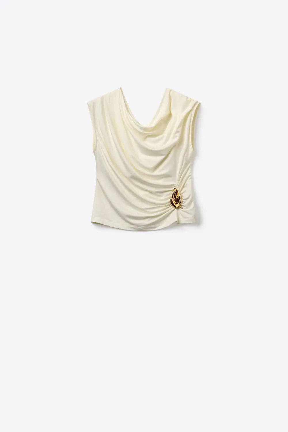 Cream Draped Sleeveless Top With gold Metal Decor - Tops