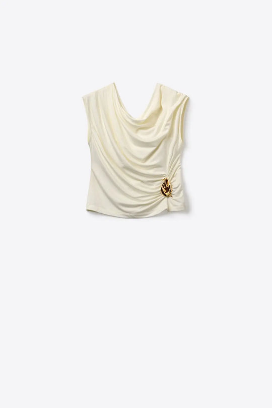 Cream Draped Sleeveless Top With gold Metal Decor - Tops